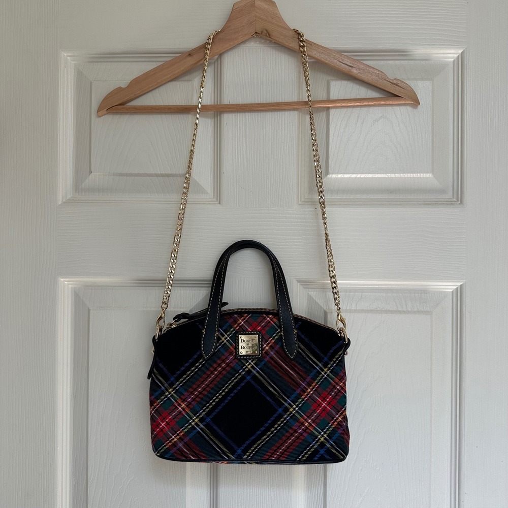 Dooney & Bourke Tartan Plaid Dome Satchel Crossbody Black Red Multi Gold Chain - Picture 2 of 16